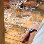 Wine glasses arranged on a wooden table during a tasting experience.